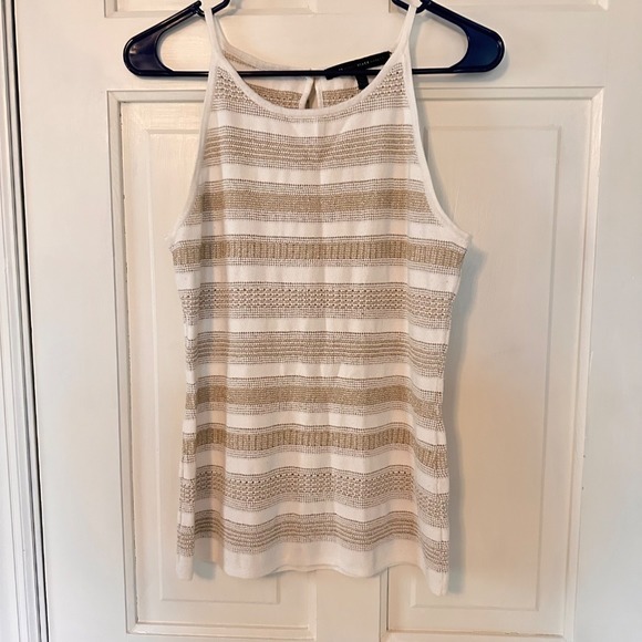 White House Black‎ Market Sweater Tank Top Striped Cream Gold Metalic Knit  S - Picture 1 of 7